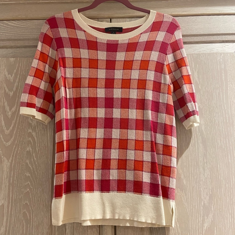 Ann Taylor preppy pink gingham sweater - M